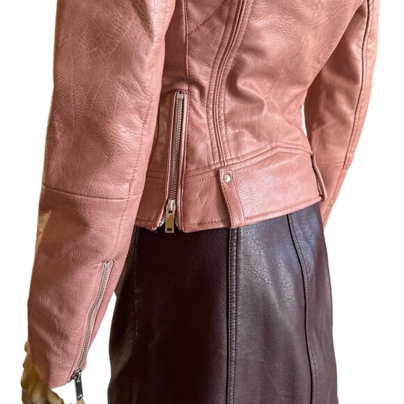 NEW Mango Faux Leather Pink Holiday Cocktail DUSTY ROSE BIKER MOTO JACKET XXS - Picture 4 of 4